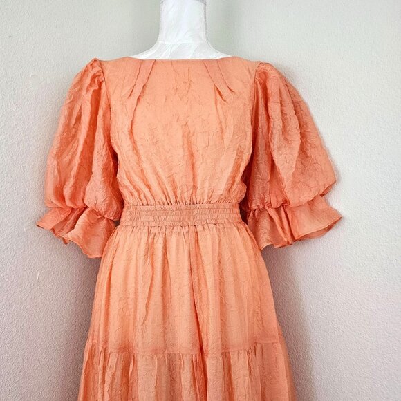 MOON RIVER Womens Sz S Puff Sleeve Tiered Back cutout Midi Dress Coral Cocktail - Picture 3 of 16